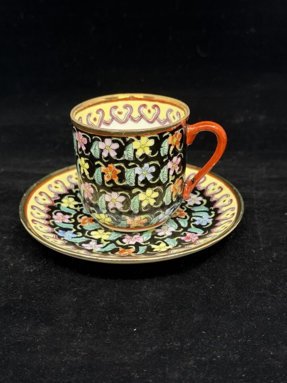 Vintage Chinese Famille Noire Demitasse Cup Saucer Set Black Qianlong Seal